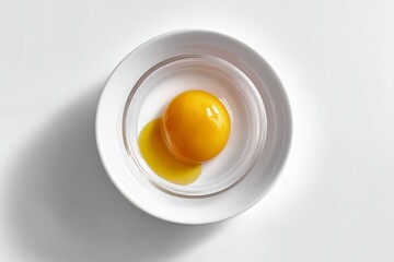 Fresh raw egg yolk in a white bowl on minimalist white background