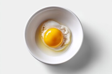 Overhead view of fresh egg yolk in white bowl on white background