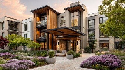 Serene Modern Senior Care Facility with Lush Garden and Inviting Entrance. A Comforting and Welcoming Environment for Senior Living and Care.
