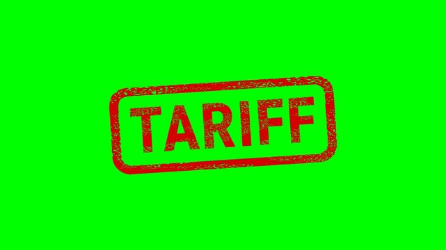 Appearance of a dirty red stamp mark "TARIFF" surrounded by a rounded frame  from above on a green screen with alpha channel