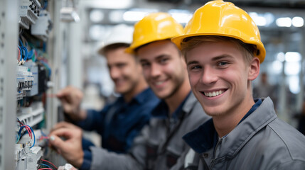 Group of apprentice electricians testing connections on a wiring panel, cheerful expressions reflecting teamwork and curiosity