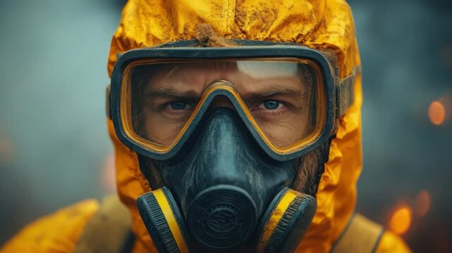 Hazmat Suit of Determination: A close-up portrait reveals a person in a yellow hazmat suit, their eyes radiating resilience and vigilance, framed by the protective gear of a gas mask and goggles.