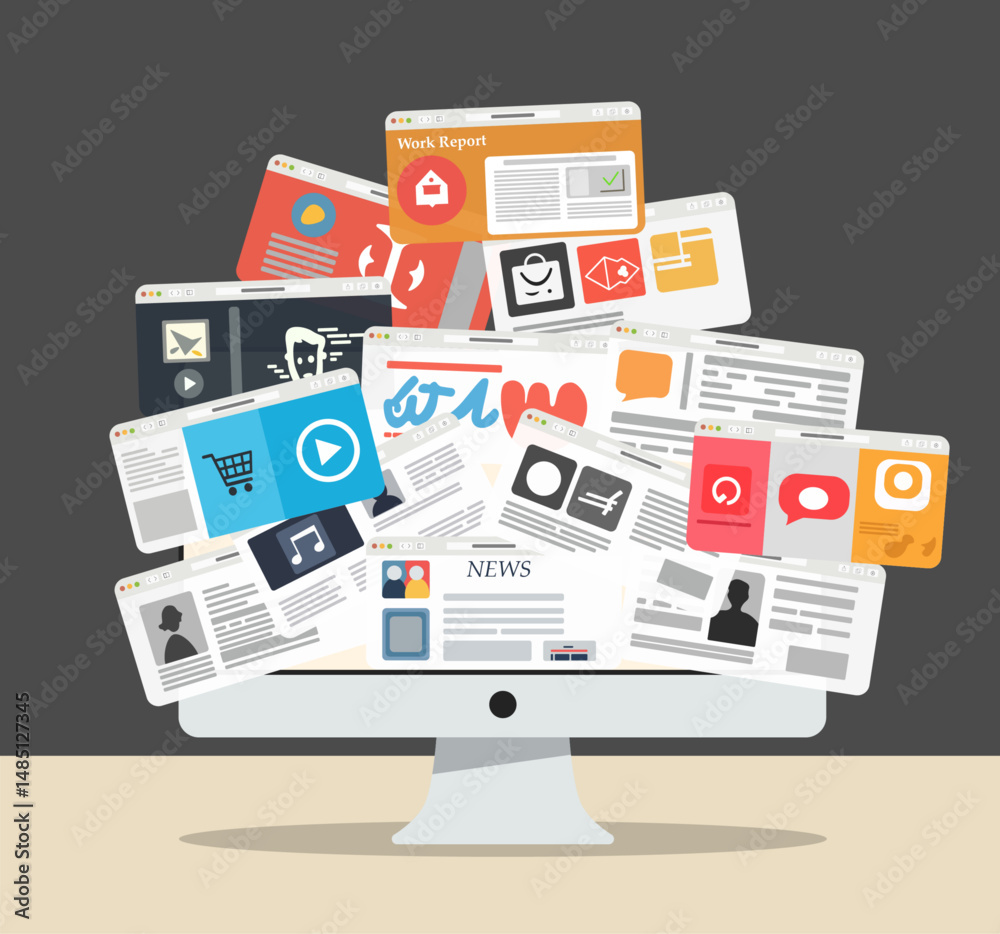 Fototapete Overloaded monitor with many open windows. Many browser tabs open. Vector illustration
