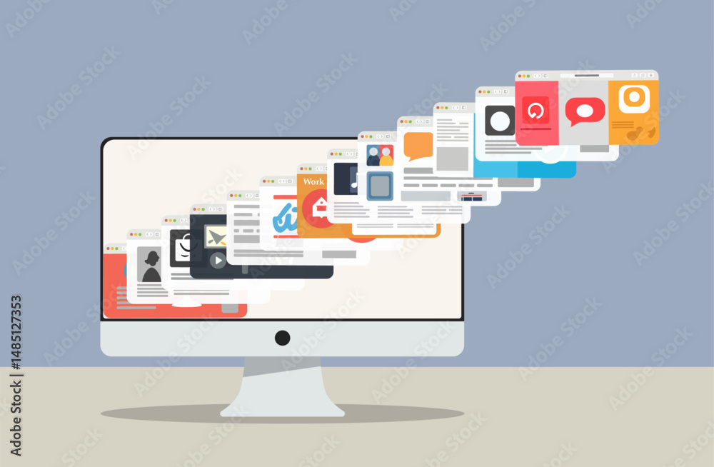 Poster a stream of opening windows from a computer monitor. many browser tabs are open. vector illustration