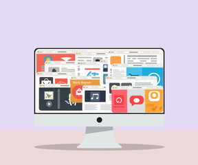 A computer monitor filled with many websites and applications. Many browser tabs are open. Vector illustration