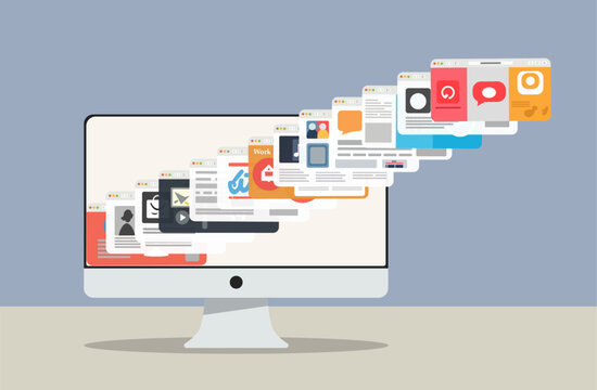 A stream of opening windows from a computer monitor. Many browser tabs are open. Vector illustration