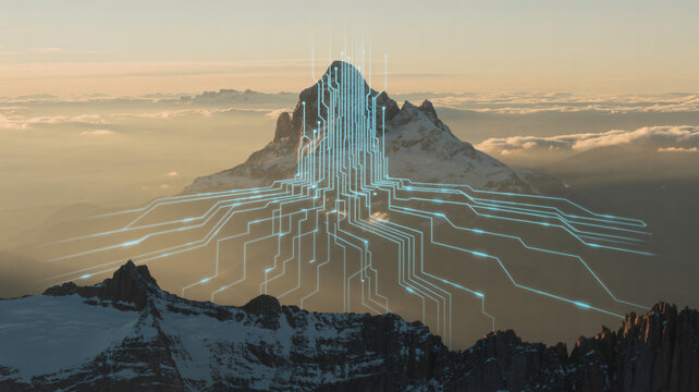 Serene mountain landscape with a digital network overlay