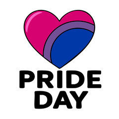 Bold vector illustration of a bisexual pride heart with Pride Day lettering, ideal for celebratory designs and social media posts.