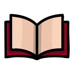 A stylized vector illustration of an open book with a maroon cover and beige pages, featuring bold black outlines and subtle color variations for a modern design aesthetic.