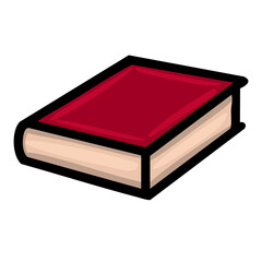 A vector illustration of a single closed book, depicted in a simplified, cartoonish style with a maroon cover and beige pages, featuring bold black outlines for a distinct look.