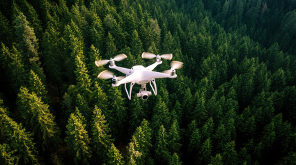 A sleek white drone flies high over a dense green forest, capturing stunning aerial views of nature.