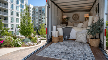 Fototapeta premium A spacious open truck bed showing lamps, rolled rugs, and kitchen boxes arranged neatly for easy access on the edge of a sunny residential complex