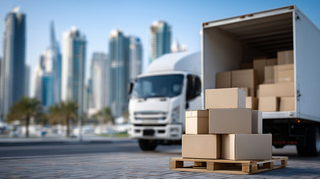A cityscape in the background as a moving truck with wide open doors reveals personal items boxed up for the last leg of a relocation journey
