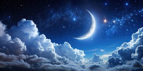 A crescent moon shines brightly in a clear night sky with fluffy white clouds and stars scattered across the dark canvas, creating an ethereal scene , , night sky