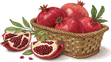 Pomegranate in basket in white background Illustration vector design, Pomegranate vector design