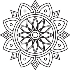 Floral Mandala Outline for Coloring Book – Black and White Symmetrical Design