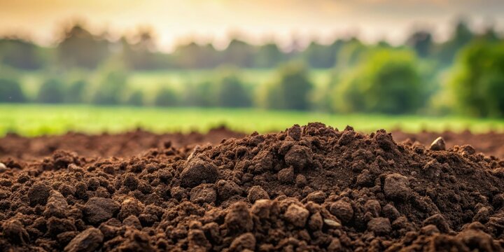 Dark earthy loam soil texture with visible humus and minerals, loam, landscape background,  loam, landscape background