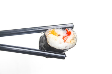 sushi with chopsticks isolated on white background