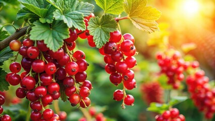 Lush summer bush with abundant red currant berries ripening in warm sunlight, garden bush