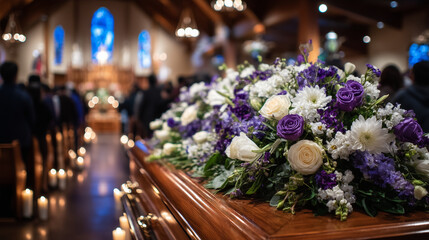 A polished wooden coffin lies in the center of a church hall, adorned with a lush white and purple floral arrangement, candlelight flickering softly as blurred mourners gather in s