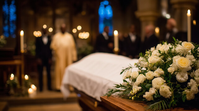 A solemn funeral ceremony takes place in a church, the closed coffin at the altar draped in white linen and flowers, blurred silhouettes of attendees standing respectfully in soft