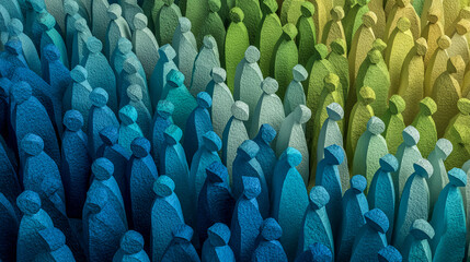 Abstract image of numerous textured figurines, gradient blue to green hues, suggesting a crowd or community, symbolizing unity, diversity, or social gathering