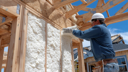 Fototapeta premium Wide shot of insulation being installed across an open interior wall, the builder working with methodical precision under a partially roofed structure