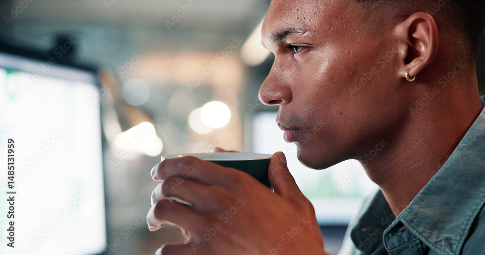 Aufkleber Trading, man and computer screen with coffee in office for reading market trends, monitor algorithms and overtime. Night trader, concentrate and caffeine for energy, data analysis and stocks deadline