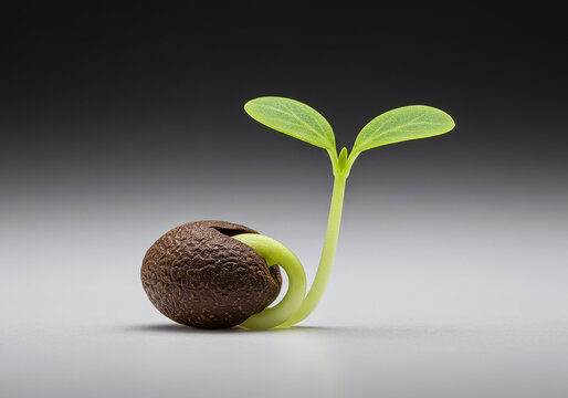 A sprout emerging from a seed against a gradiated background for conceptual designs