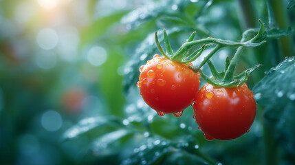 Close-up of vibrant tomatoes ripening on twisting stems, their glossy skins reflecting soft morning light in a humid greenhouse garden
