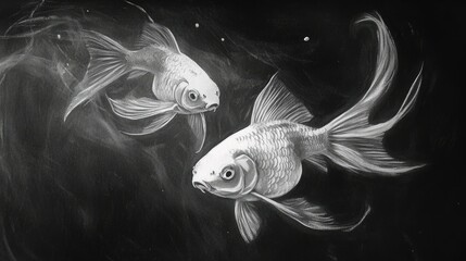 Two elegant white goldfish swimming in the dark depths depicting tranquility and grace