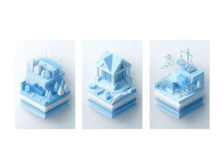 Isometric illustrations of a house, courthouse, and scales of justice on a light background