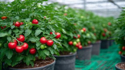 Healthy tomato plants in pots arranged neatly in a greenhouse, fruits at peak ripeness, surrounded by green mesh for support