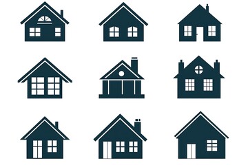 Home Silhouette Icons Set with Doors, Windows and Chimneys on White Background