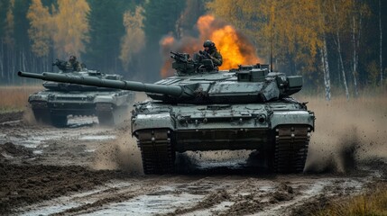 Two military tanks driving through muddy terrain during exercises in a forest setting