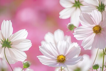 Fototapeta premium Delicate white cosmos flowers in soft focus against a pink background