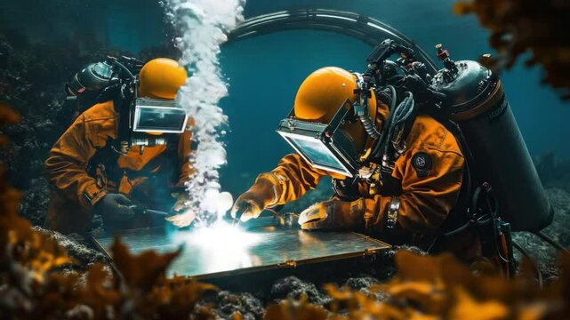 Underwater Welding: Two divers in specialized diving suits perform underwater welding, a challenging and specialized task in a submerged environment.