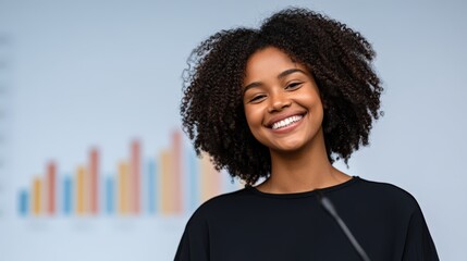 Confident young woman smiling brightly in a professional setting with analytical charts and graphs in the background displaying growth and success in modern business environments