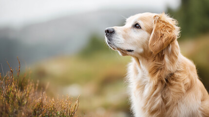 Obraz premium Cute golden retriever dog in the nature. Spring summer season. Banner template for dog training courses