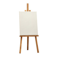 a wooden easel with a white canvas isolated on white background