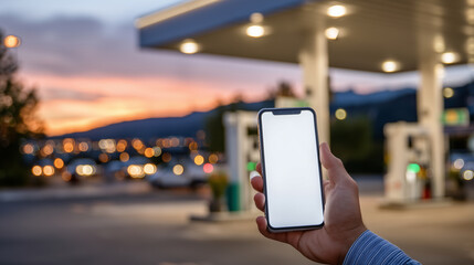 Gas station lit by sunset, hand with phone outstretched toward pump, glowing blank screen highlights tech use on the go