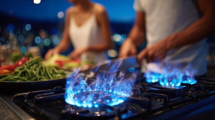 Blue flames dancing on a sleek gas stove burner, couple sharing a happy moment while chopping vegetables in the background