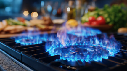Gas stove in focus with blue flames, couple engaging in playful conversation while preparing a delicious meal at home