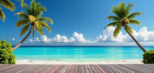 Travel, Beautiful Beach, and Tropical Island Concept. Digital Illustration composed with mixed media source elements. Photo, illustration, 3D Rendering and  generative AI. 
