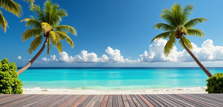 Travel, Beautiful Beach, and Tropical Island Concept. Digital Illustration composed with mixed media source elements. Photo, illustration, 3D Rendering and  generative AI. 
