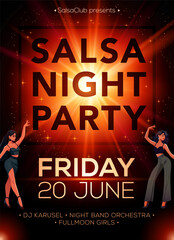 Vector Salsa Party Poster with Bright Orange Spotlight, Dancing Girls and Bold Black Typography on Dark Background