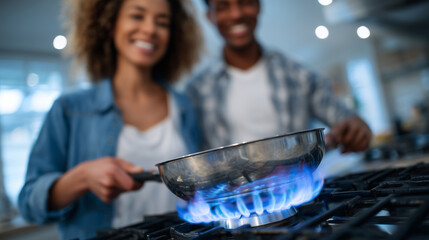 Close-up of gas stove burner with blue flames under a stainless steel pan, couple adds final touches to meal with smiles and laughter