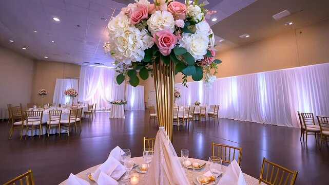 Elegant wedding reception venue with floral centerpieces, draped backdrops, and gold chiavari chairs