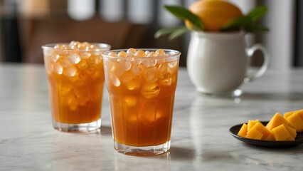Refreshing mango iced tea with ice cubes served in glasses, accompanied by fresh mangoes on a table setting Generative AI