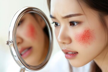 Asian woman examining red skin irritation on her cheek in a round mirror up close in bright light